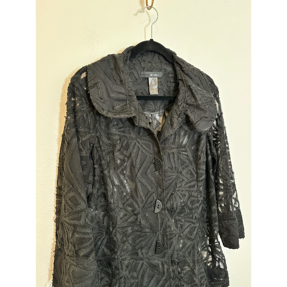 Ali Miles Textured Mesh Topper Jacket Size XL Black Sheer Wire Collar 3/4 Sleeve - Picture 4 of 9